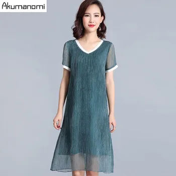 

Summer Chiffon Draped Dress Women Clothing Green V-neck Pleated Short Sleeve Knee-Length Dress 5XL 4XL 3XL 2XL XL L M Plus Size