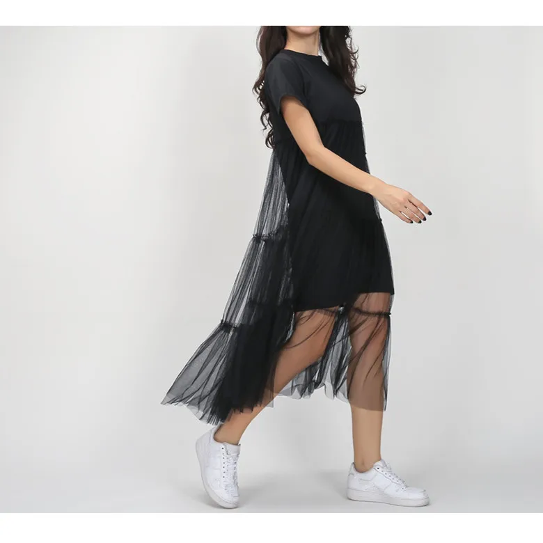 

2019 New Women Round Neck Mesh Midi Dress Fashion Short Sleeve Transparent Large Size Dress Casual Loose Dresses