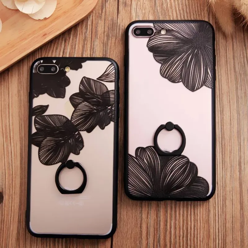 

Fashion Black White Lace Flowers Ring Grip Holder Phone Case For iphone 7 7 Plus 6 6S X XR XS Max Lace Floral Back Cover