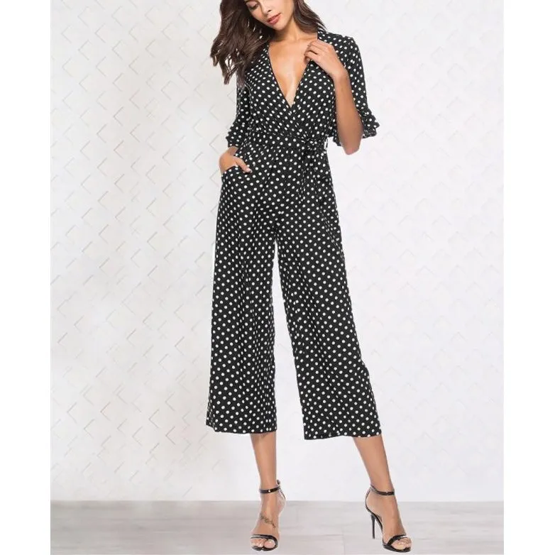 2019 Summer Women Sexy V Neck Wide Leg Jumpsuit Casual Elegant Ruffle Half Sleeve Long Rompers Polka Dot Lace Up Playsuits 2019 Summer Women Sexy V Neck Wide Leg Jumpsuit Casual Elegant Ruffle Half Sleeve Long Rompers Polka Dot Lace Up Playsuits