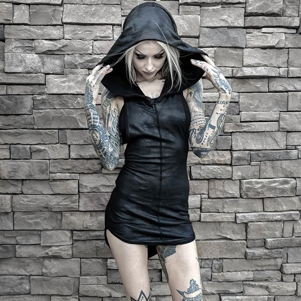 

Rosetic Sexy Slim Short Mini Dress Asymmetrical Hooded Harajuku Goth Summer Dress Black Solid Sleeveless Club Party Streetwear
