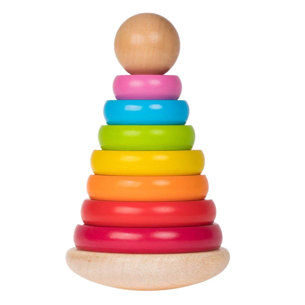 8 inch 8 Colors Wooden Ring Stacker Toy for Babies Rainbow Tower Wooden