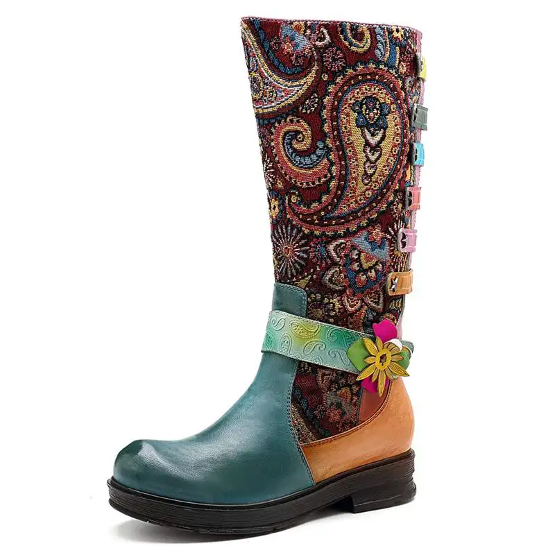 mollet Boot Bohème Rétro Fleur Socofy Femme Jacquard D'hiver Véritable En Femmes Zipper Pour Mujer vin Chaussures Mi Rouge Épissage Bottes Cuir Vert Botas Yf7gb6vy