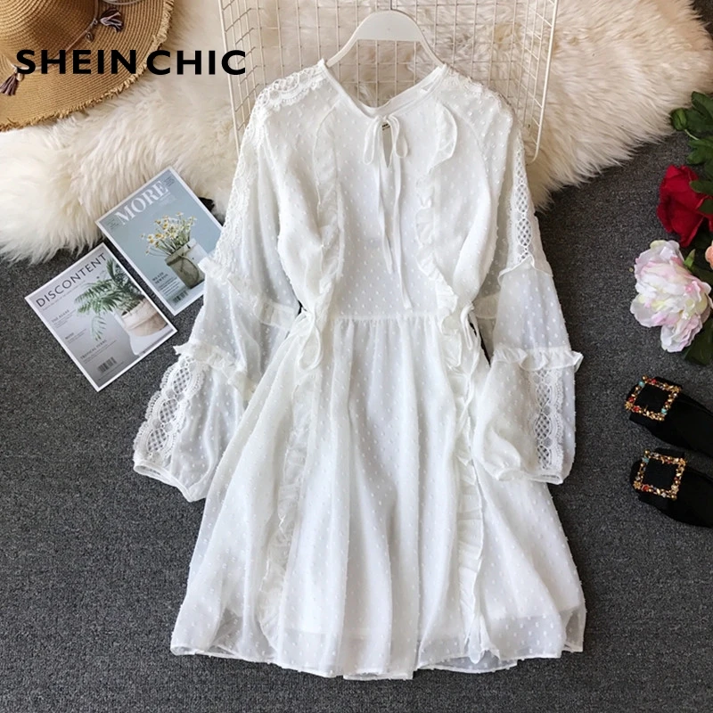 

Korean Fashion Elegant White/Black Polka Dot Dress 2019 Women A-line Hollow Out Lace Chiffon Patchwork Dress Vestido