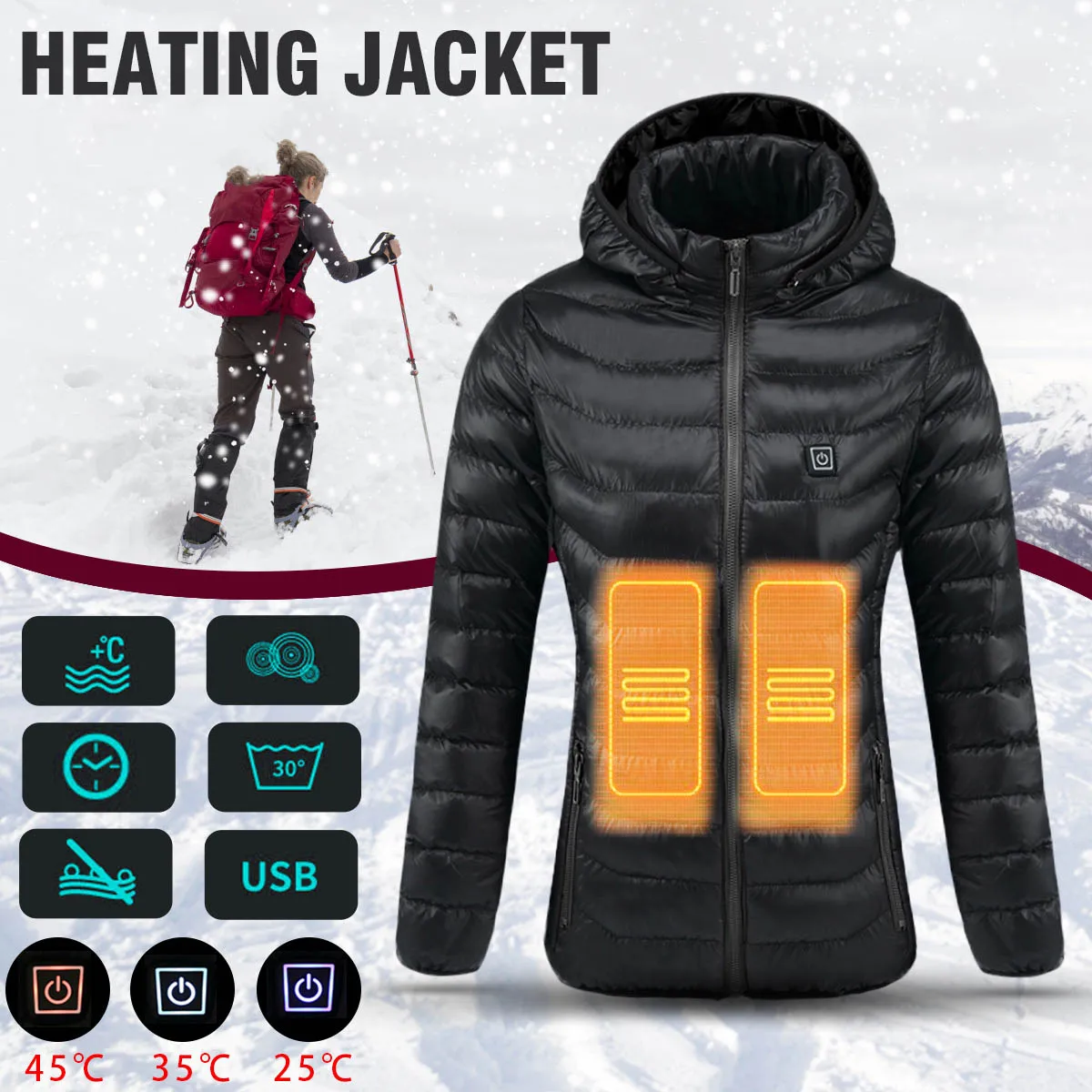 

Women Heated Safety Jacket Winter Thermal Warm Hooded Heating Clothing USB Constant Temperature Waterproof Coat