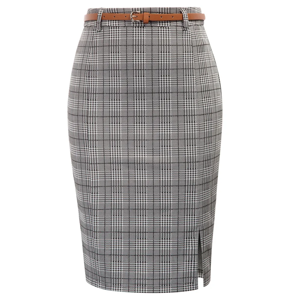 

KK work business skirt Womens retro Grid Pattern Belt Decorated Hips-wrapped split knee length skirt office Bodycon Pencil Skirt