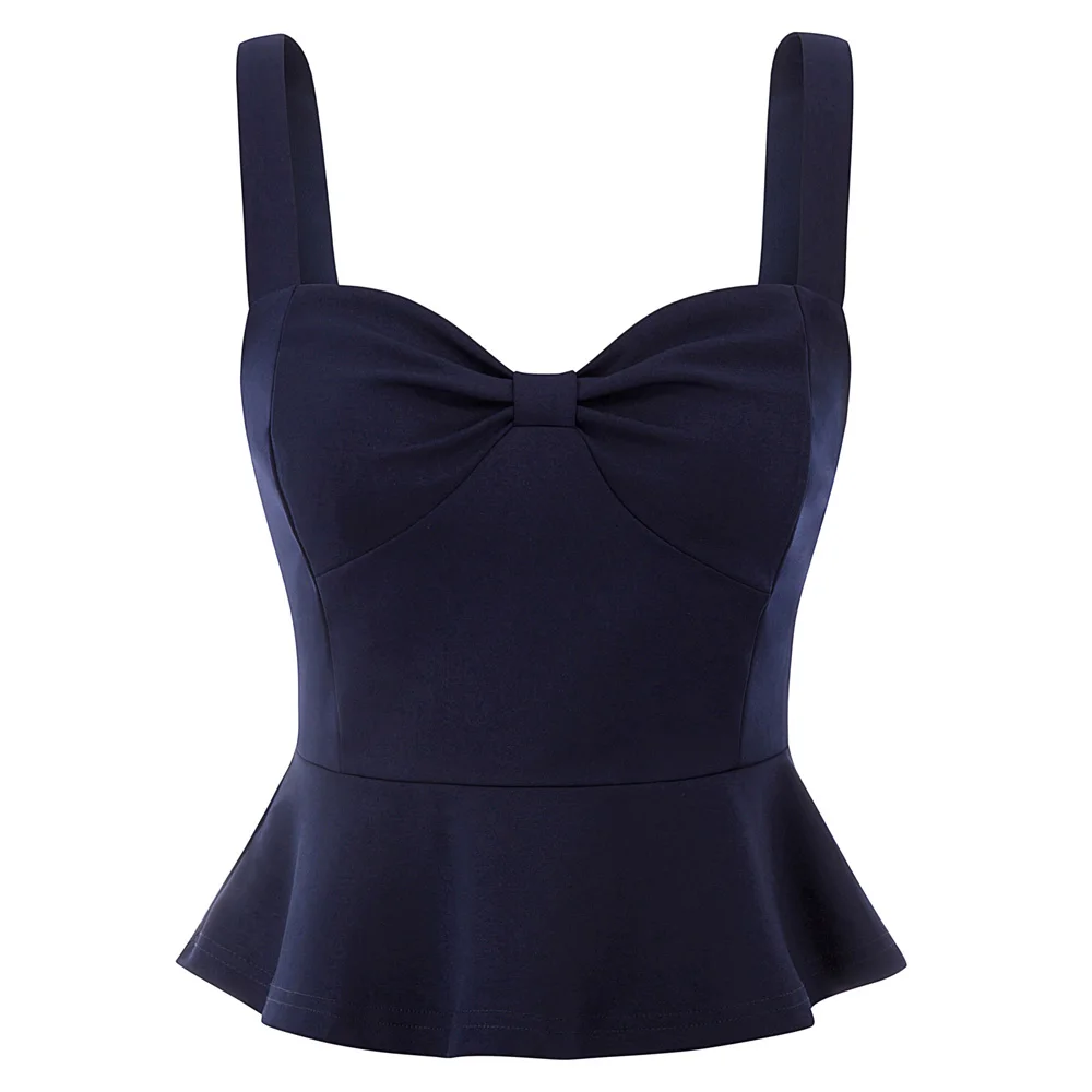 

Navy Blue Sexy Women's Retro Vintage Pinup Sleeveless Backless pleated design Ruched Peplum solid color slim club party Tops