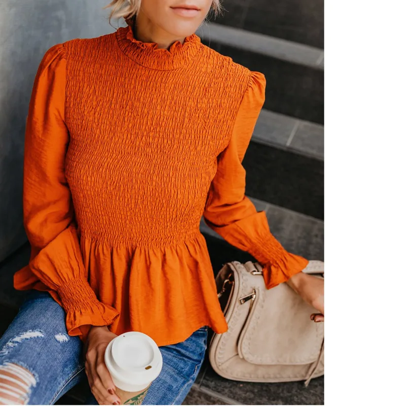 

2019 Spring Elegant lantern Sleeve turtleneck Peplum blouse Ladies Office Shirts Camisas Femininas Korean Fashion Clothing ey*