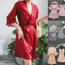 Летние пикантные женские атласные пижамы с нагрудники комплект кружево шелк халат для спальни платье наборы для ухода за кожей