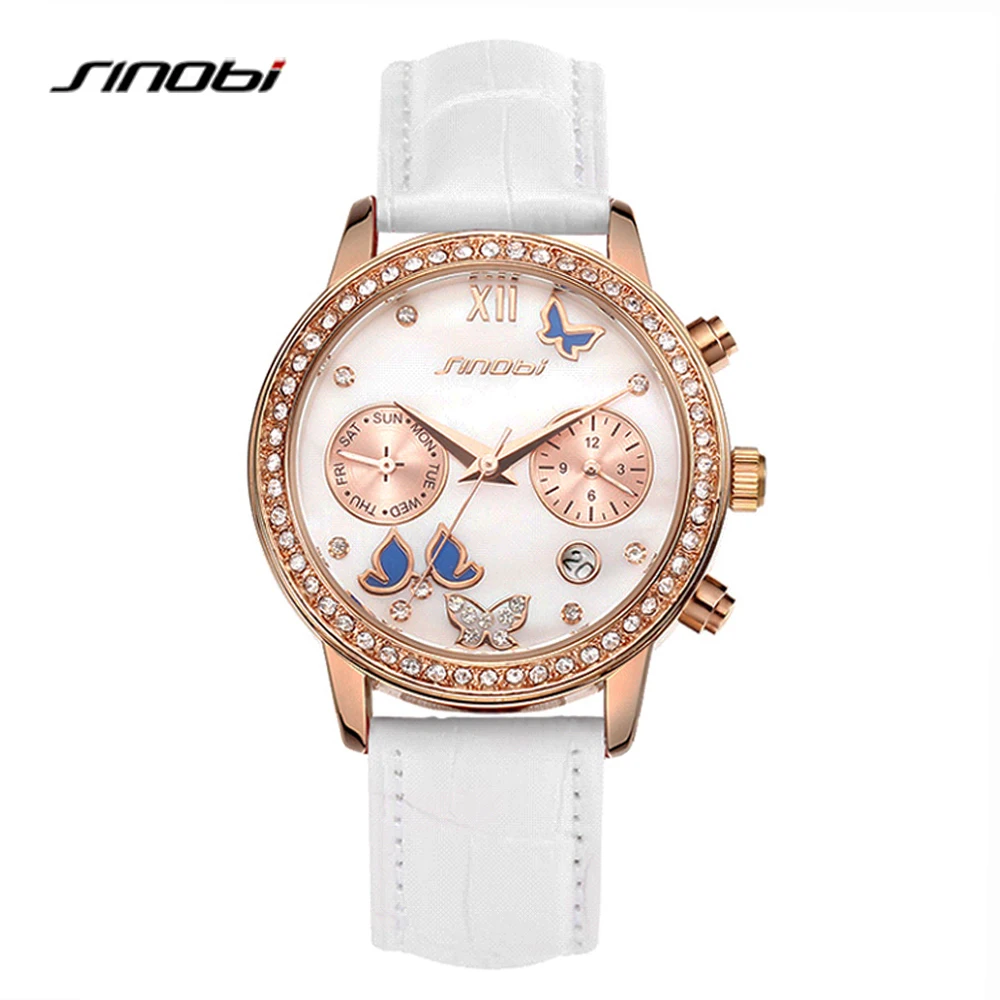 

SINOBI Top Brand Luxury Women Watches Diamond White Leather Strap Week Calendar Display Quartz Wrist Watch For Elegant Female