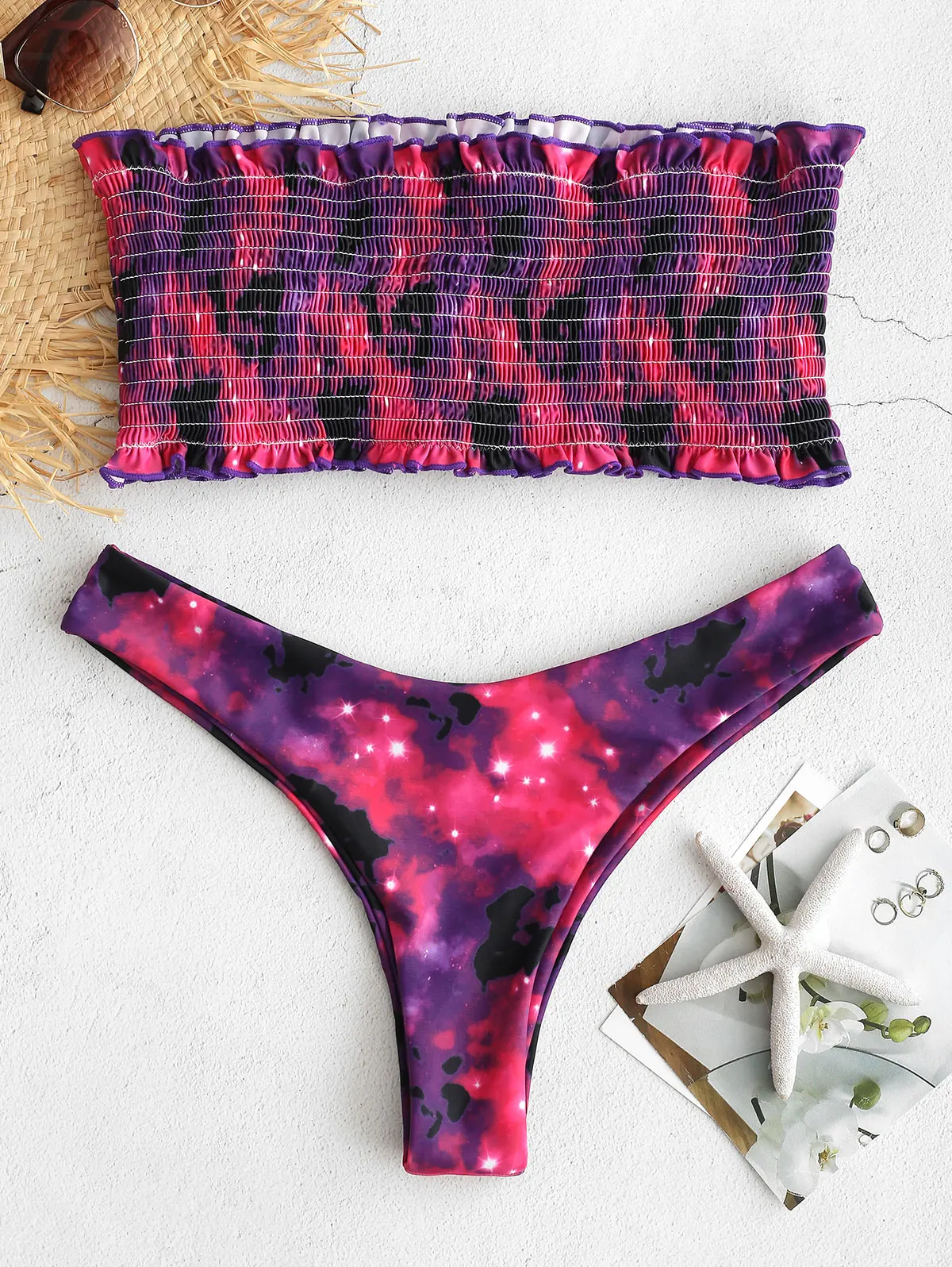 

ZAFUL Shirred Galaxy Print Bikini Set Bandeau Strap Push Up Bikini Set Women Sexy Brazilian Beach Swimsuit Bathing Biquinis