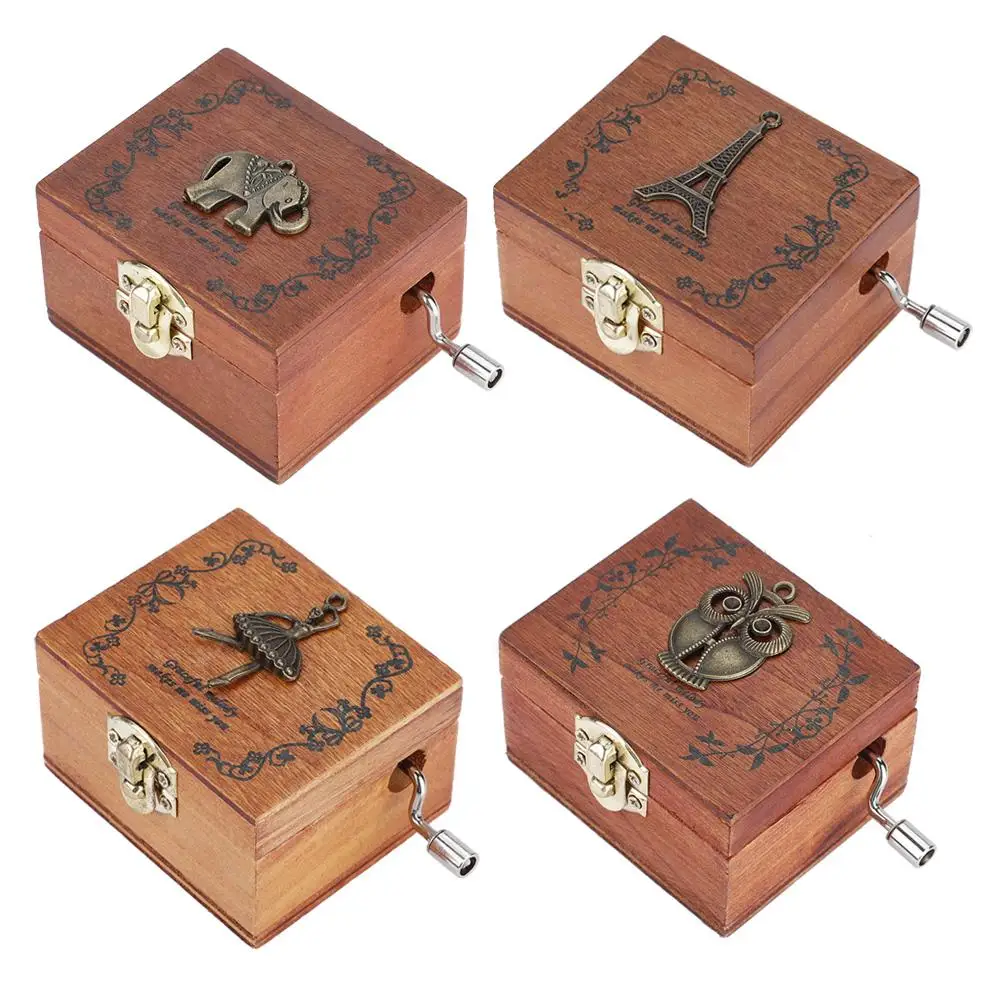 Antique Wooden Hand Crank Music Box Mechanical Classic Craft Birthday