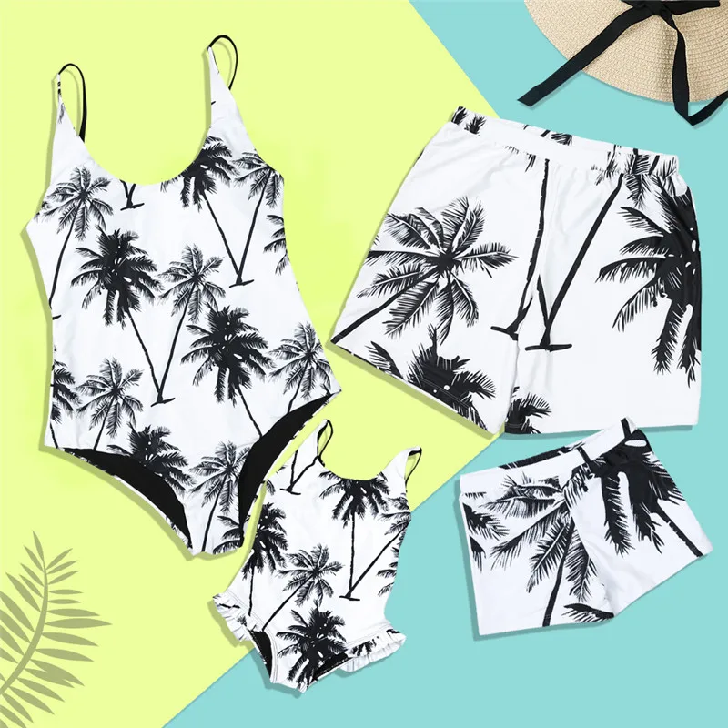 

Family Swimwear Mother Daughter Matching Women Kid One Piece Palm Tree Swimsuit Men Boys Print Short Pants Bathing Suit 2019 New
