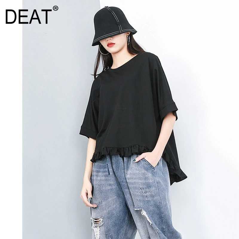 

[DEAT] 2019 New Autumn Winter Round Neck Short Sleeve Yellow Hem Ruffles Split Joint Loose Big Size T-shirt Women Fashion JS95