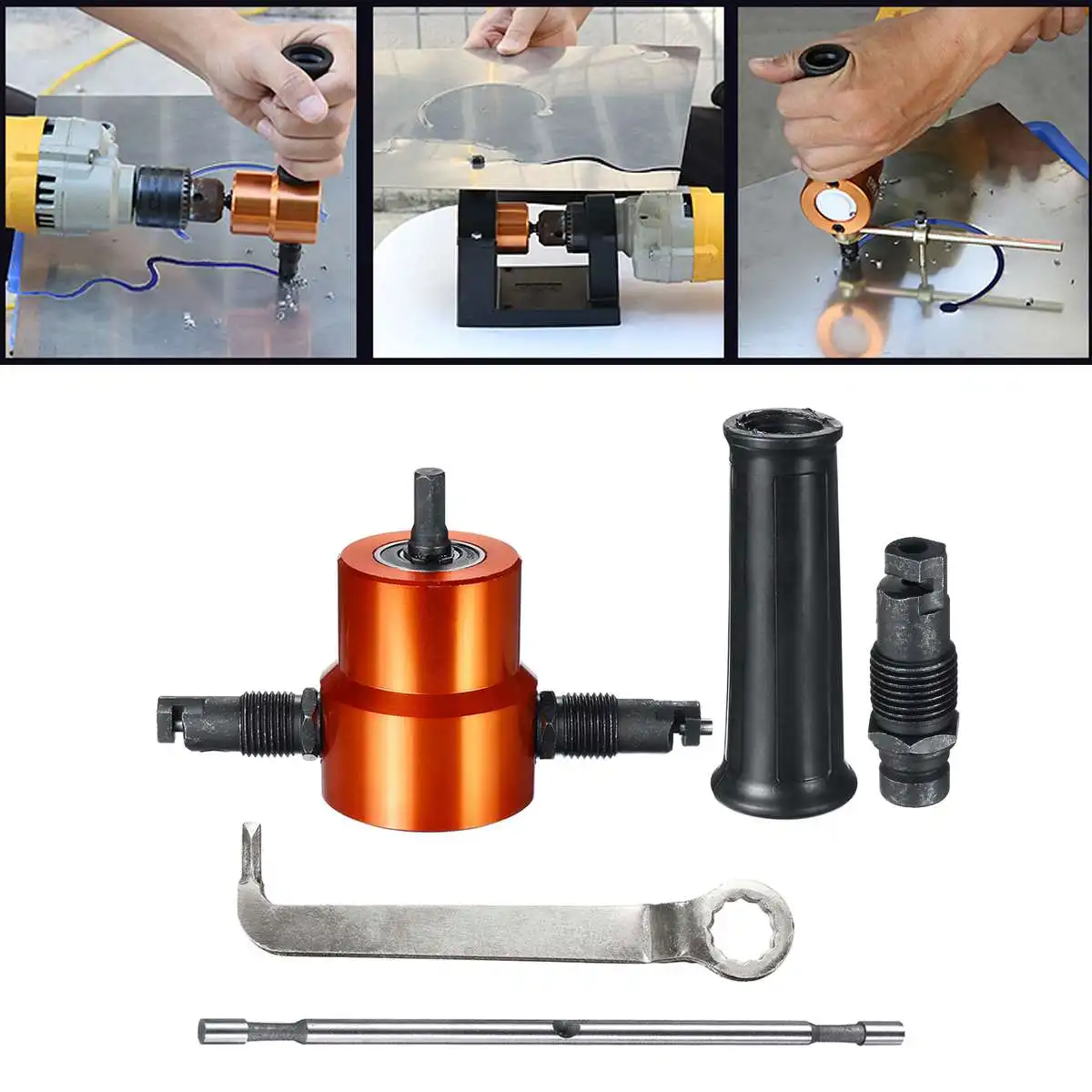 

Double Headed Sheet Metal Cutting Nibbler Drill Attachment Metal Free Saw Cutting Tool Tool Plate Open Hole Drill w/Extra Punch