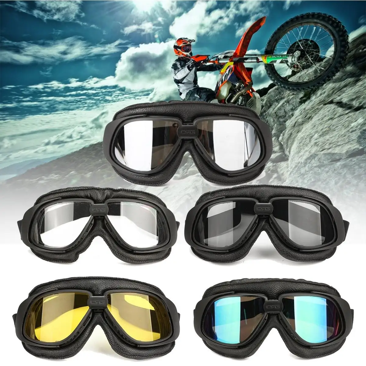

PC lens Anti-UV Motorcycle Motorbike Scooter Pilot Goggles Helmet Glasses Clear Yellow Silver Grey Colorful