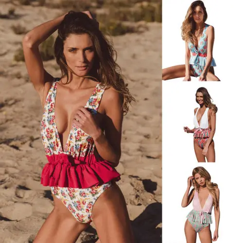 

2019 Summer Sexy Women One-Piece Sexy Swimsuit Beachwear Floral Swimwear Push-up Monokini Bikini Bathing