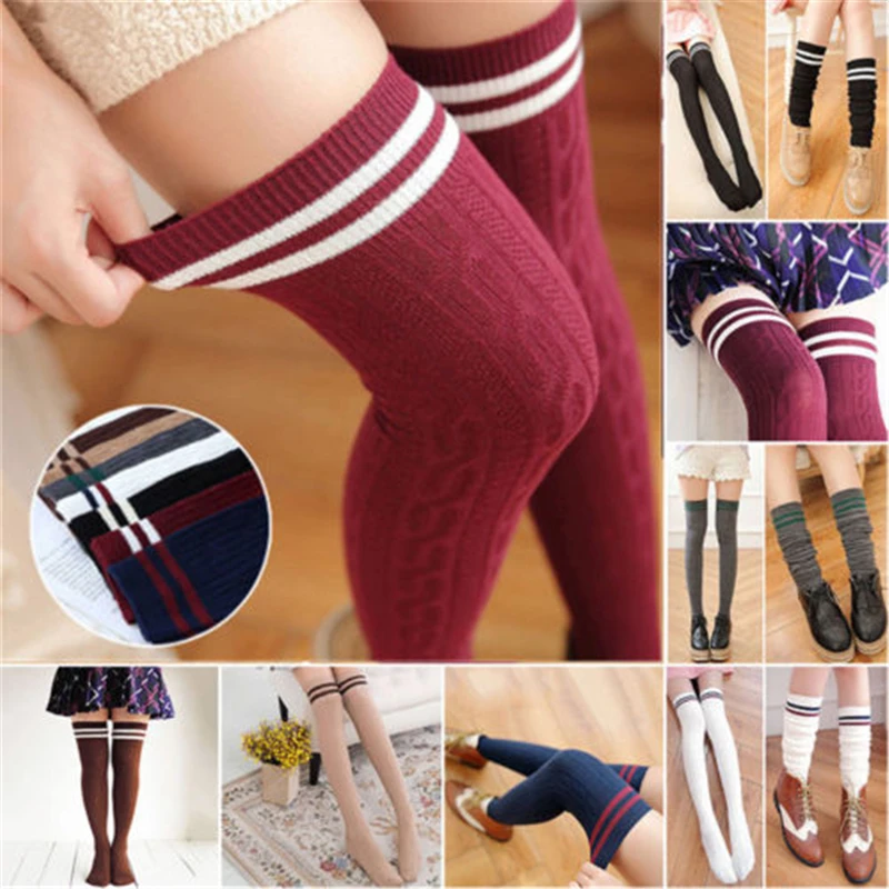 

Striped Stockings High Elastic Knit Cotton Over Knee Socks Women Girls New Thigh High Long Socks