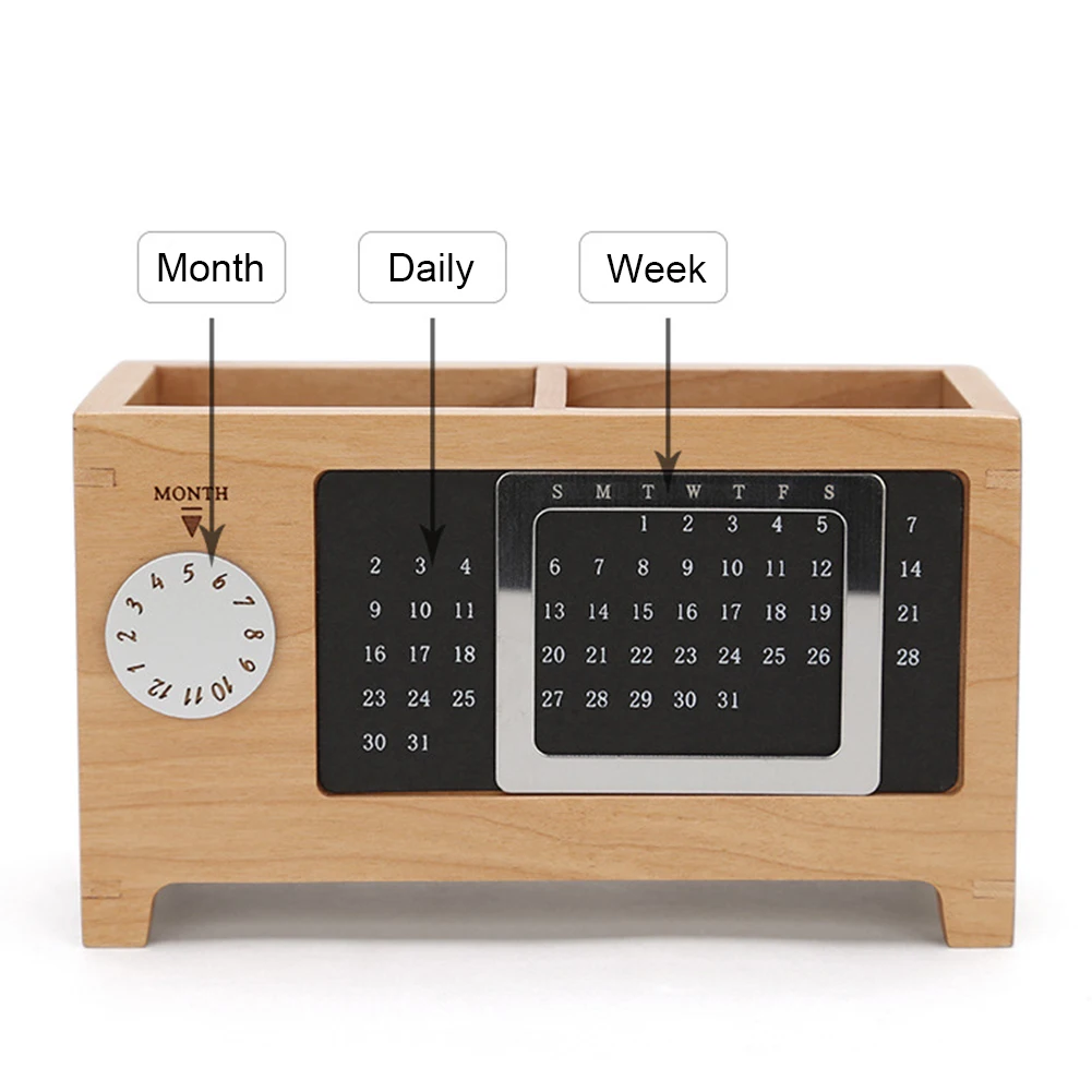 

Pen Pencil Holder Container Storage Box Wooden Table Ornaments Two Grids Tidy Gift With Calendar Desk Organizer Home Practical