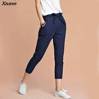 

Summer women's casual harem pants fashion cotton Linen Calf-Length trousers elastic waist casual pants plus size Xnxee