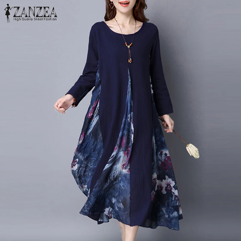 ZANZEA, женское весеннее винтажное длинное платье с цветочным принтом, пэчворк, длинный рукав, Vestido, хлопок, лен, макси, сарафан, туника