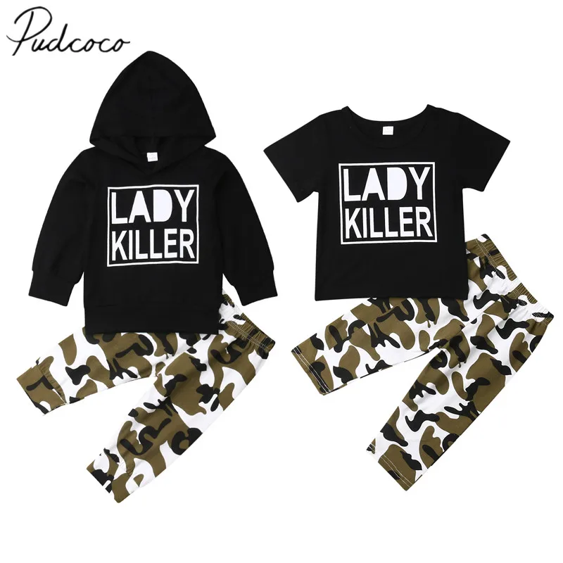 

2019 Brand New Newborn Baby Boys Girls Clothes Long Sleeve Letter Laddy Killer Hooded /T-Shirt Tops+ Camo Pants Outfits 2PCS Set