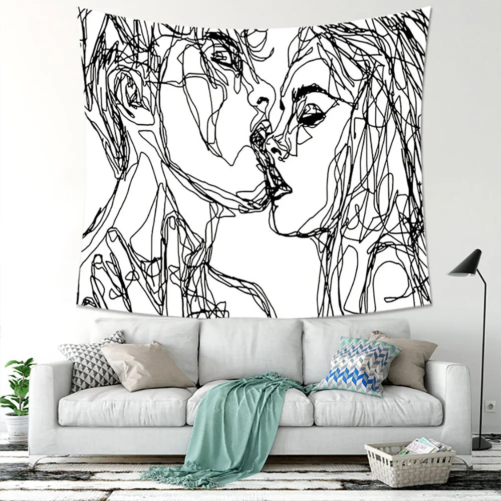 

Black and White Print Tapestry Polyester Material Wall Hanging Machine Washable Kiss Often Line Draw Picture Decor for Home