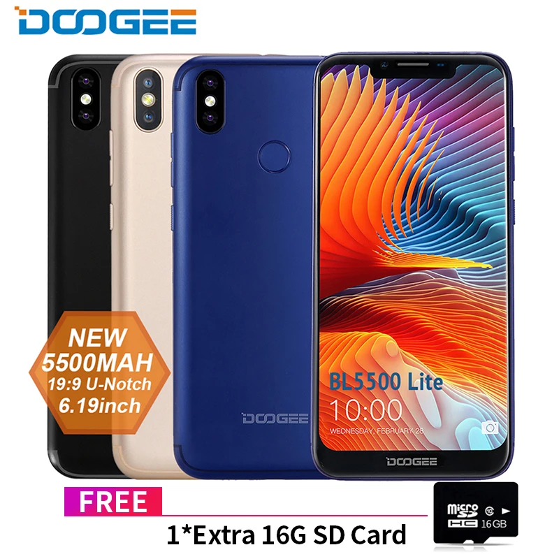 

DOOGEE BL5500 Lite U-Notch Smartphone 6.19 inch MTK6739 Quad Core 2GB RAM 16GB ROM 5500mAh Dual SIM 13.0MP Android 8.1