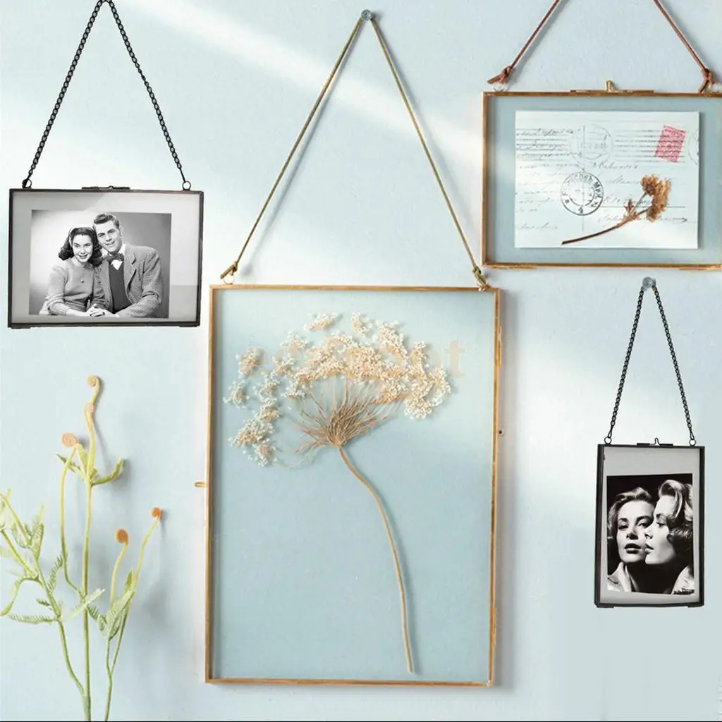 MagiDeal estilo Industrial doble cara vidrio colgante marco de foto Marco de pared planta de flores muestra de retrato marco soporte