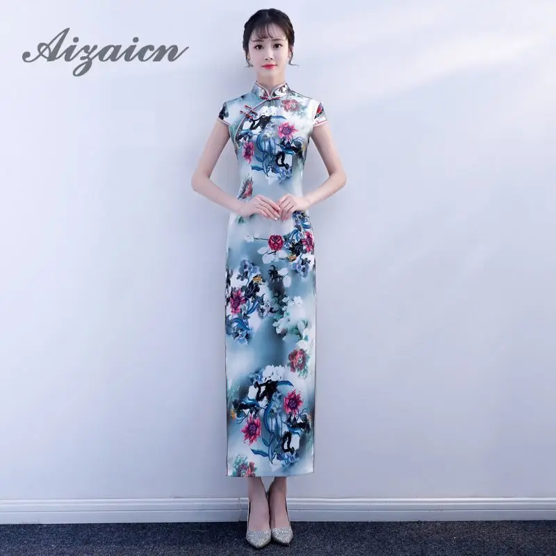 Fashion Silk Print Cheongsam Modern Qipao Long Traditional Chinese Dress Oriental Style Dresses Evening China Robe Longue Femme |