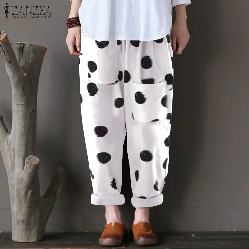 

Women Pants ZANZEA 2019 Female Dot Print Harem Pants Ladies Casual Loose Long Trousers Cotton Linen Pockets Pantalon Plus Size