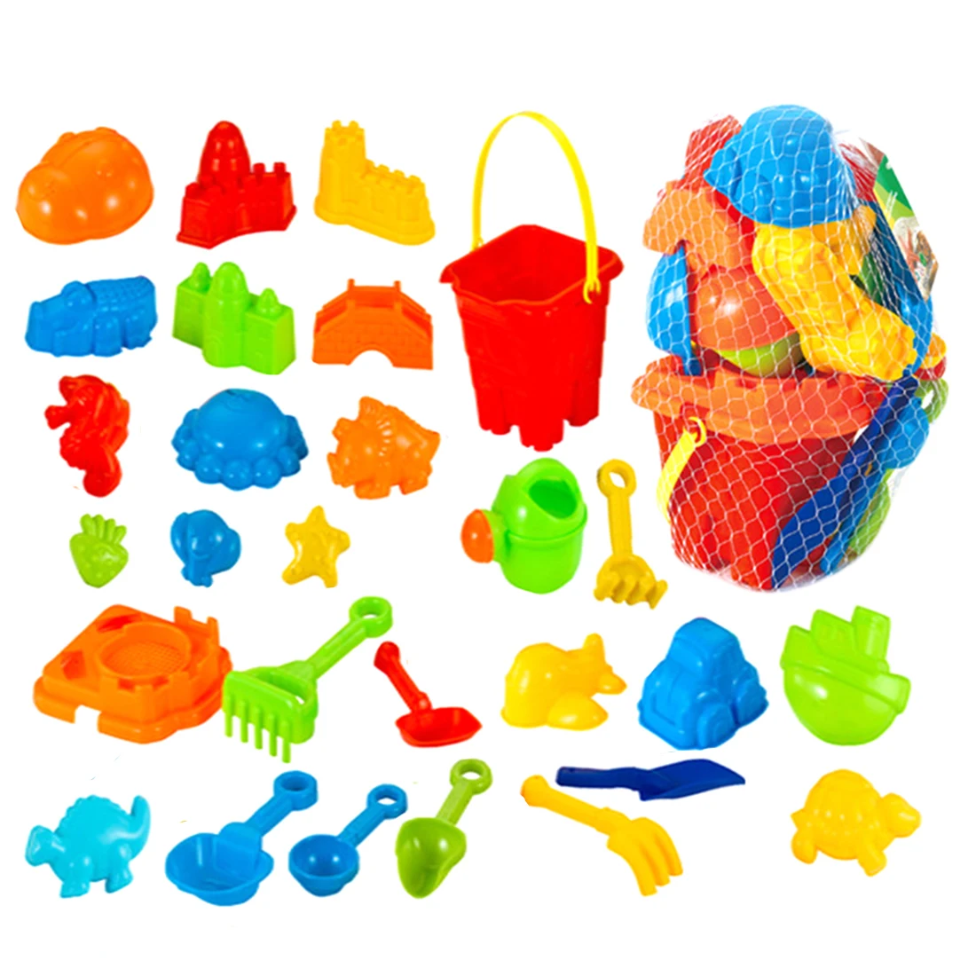 

28Pcs Children Outdoor Beach Sand Toy Beach Bucket Kettle 18pcs Sand Molds Water Can Playset with Mesh Bag Outdoor Pool Fun
