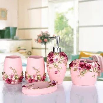 

Wedding Gift Bathroom Products European Style Garden Resin Bathroom Five-piece Sets Four Colors Bathroom Toothbrush Holders