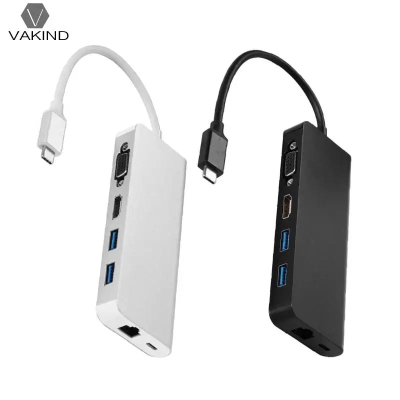 

VAKIND 6 in 1 Type C Hub Type-C to HDMI VGA RJ45 Dual USB3.0 PD Port Adapter Cable for4K/2K for Macbook