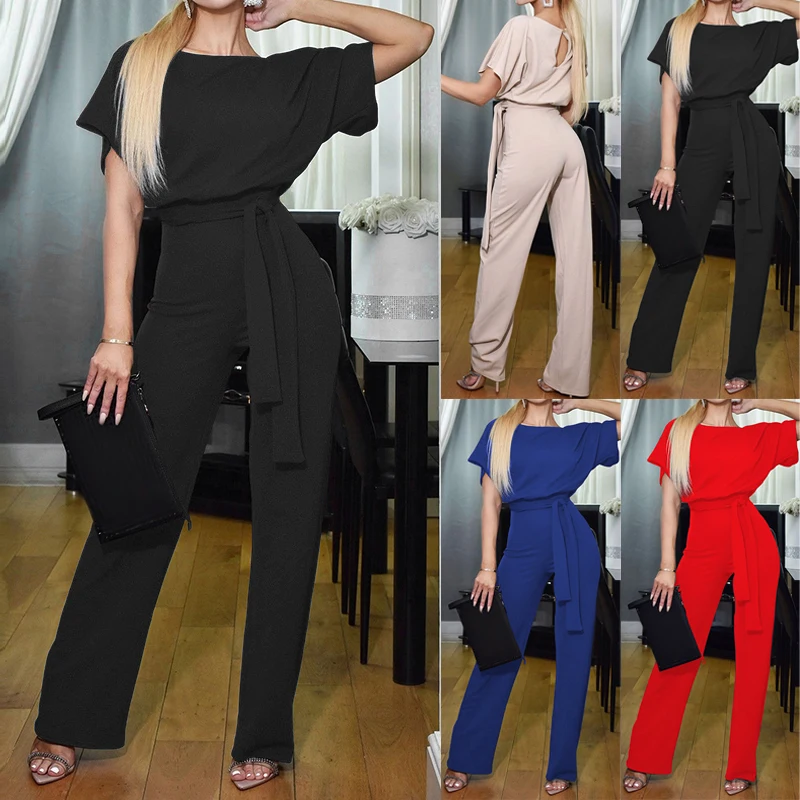 

Women's Short Sleeve Round Neck Commute Solid Color Casual Tie Up Long Jumpsuit