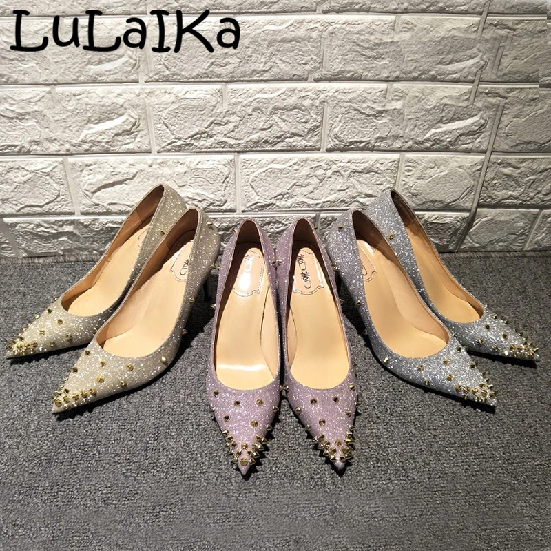

2018 Fashion Pointed Toe Sequin Woman Pumps Sexy Gold Rivets Shining Valentine Lady Party Wedding High Heels Shoes