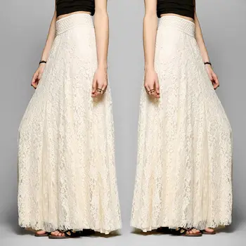 

2019 New Women Double Lace Layer Chiffon Pleated Skirt Elastic Waist Skirts Solid Casual White Beige Skirt