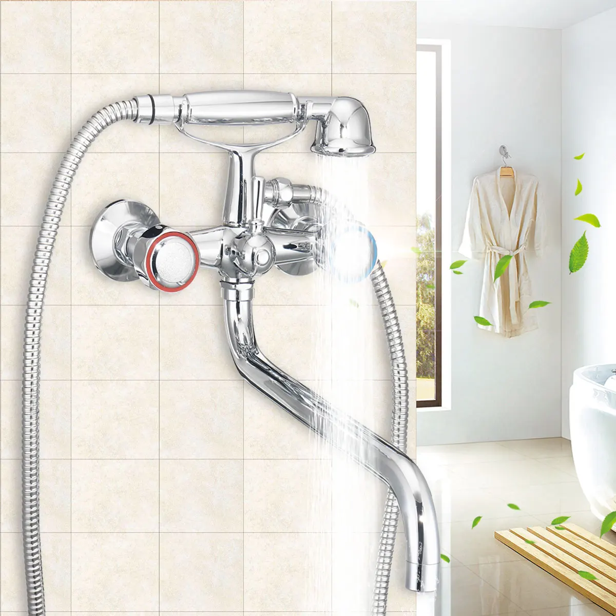 

Xueqin Chrome Telephone Type Bathroom Shower Head Set Wall Mounted Double Handle Bath Faucet Shower Faucets Handheld Spray