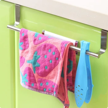 

Stainless Steel Hanging Rack Multi-function Punch-free Single-bar Doors Organizer Towel Hook for Kitchen Bathroom