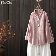 Размера плюс ZANZEA Весенняя женская Повседневная однотонная блуза с длинными расклешенными рукавами из хлопка и льна с рюшами Вечерние топы женские блузы