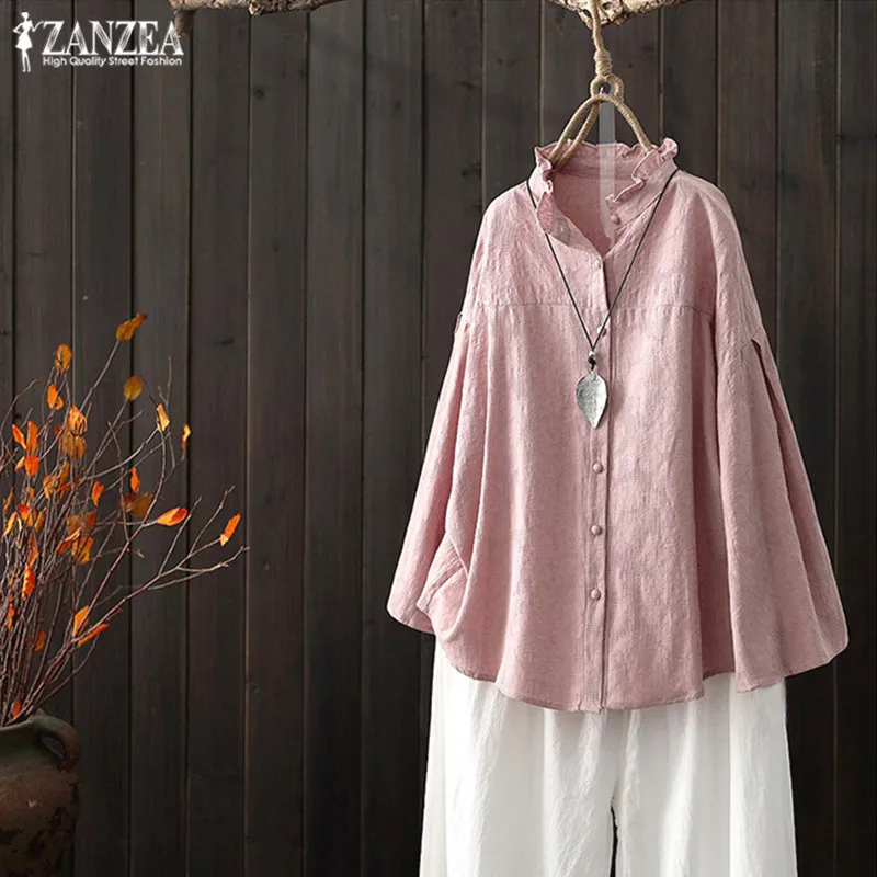 

2019 Plus Size ZANZEA Spring Women Casual Solid Long Flare Sleeve Blouse Cotton Linen Ruffled Party Shirt Tops Blusas Female