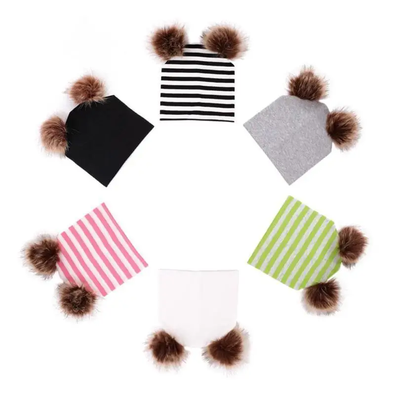 

Lovely Adorable Cute Newborn Baby Boys Girls Winter Warm Double Fur Pom Bobble Adjustable Striped Beanie Hat Ski Cap