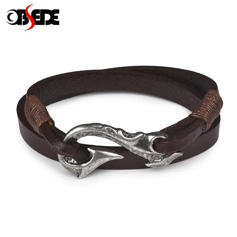 

OBSEDE Vintage Double-layer Cowhide Leather Bracelet for Men Handmade Black Wrist Band Gifts Fashion Male Punk Jewelry 41cm