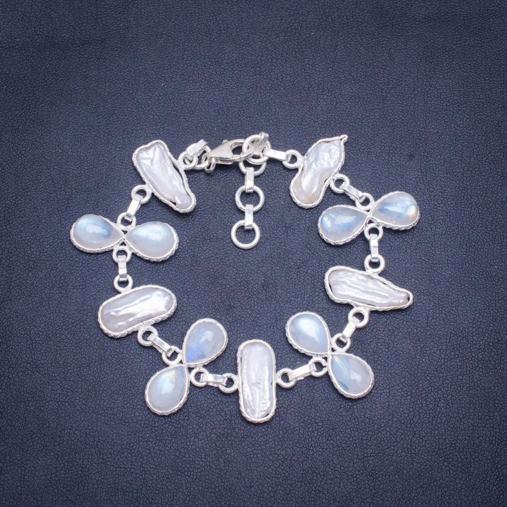 

Natural Biwa Pearl and Rainbow Moonstone Handmade Unique 925 Sterling Silver Bracelet 6.5-7.75" A3071