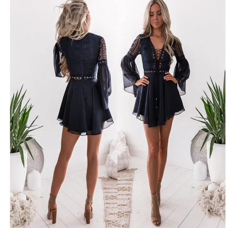 new Girls White Summer Bohemian Mini Dress Women Fashion Spring Solid White Mini Lace Casual Clothes V-neck Long Sleeve Dresses