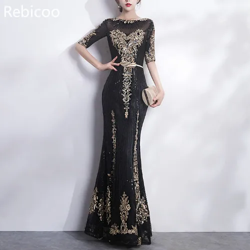 

Sequined Gorgeous Long Evening Gowns 2019 New Embroidery Elegant Women Banquet Dresses Half Sleeve Party Dress G221
