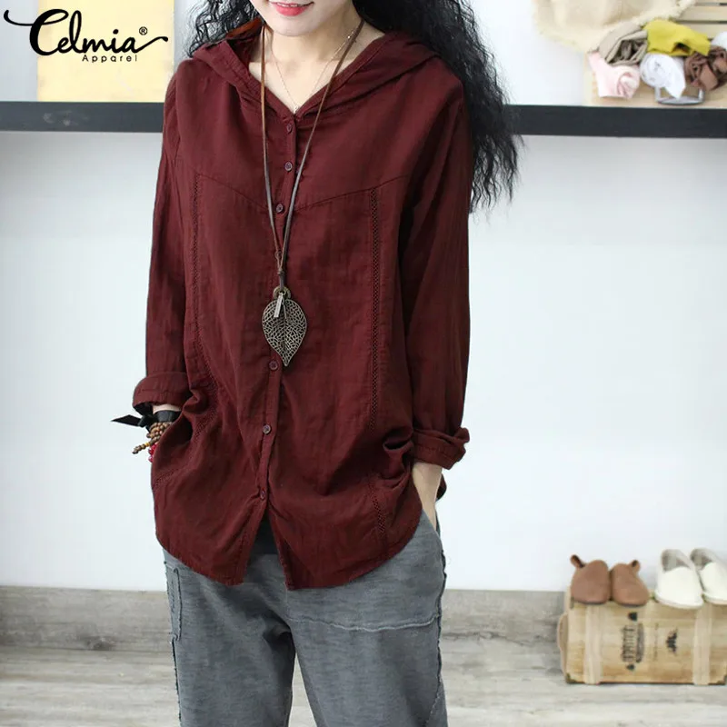 

Oversized Tops Celmia 2019 Autumn Female Hoodies Shirts Women Blouses Casual Long Sleeve Buttons Down Loose Solid Hooded Blusas