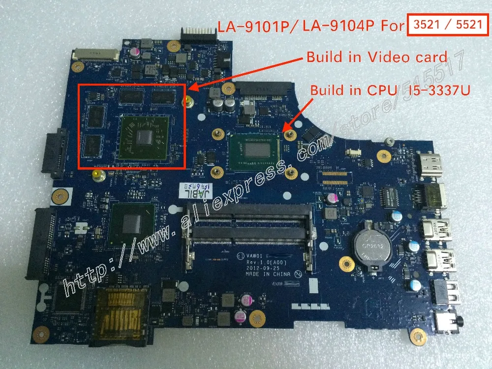

Free Shipping New VAW00 LA-9104P mainboard 0TPX0T 0P14T7 FOR DELL INSPIRON 3521 5521 notebook motherboard with I5-3337U CPU