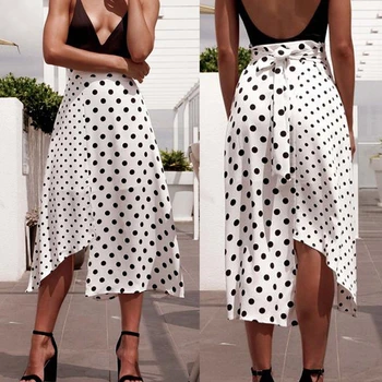 

Vintage Women Midi Skirt Stretch High Waist Dot Printed Irregular Party Evening Prom Flared Pleated Split Skirts