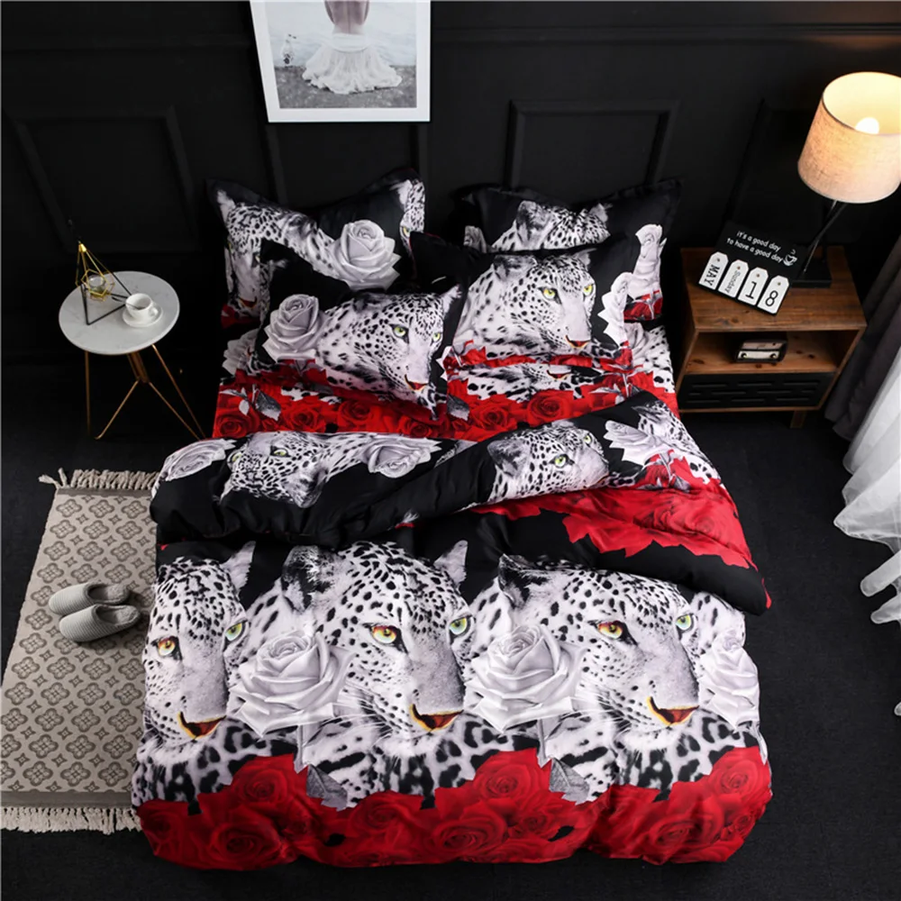 

4pcs/set Queen Bedding Set 3D Animal Leopard & Rose Printed Pattern Duvet Cover & Bed Sheet & 2pcs Pillowcase Bedroom Decor